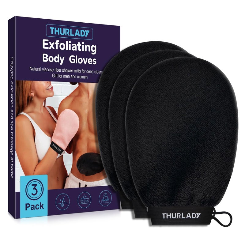 THURLADY Korean Exfoliating Mitt, Exfoliating Glove, 3 Pack Viscose Fiber Body Scrub Gloves, Dead Skin Remover for Smoother Skin, Self-Tan Prep and Removal, Black - Image 1